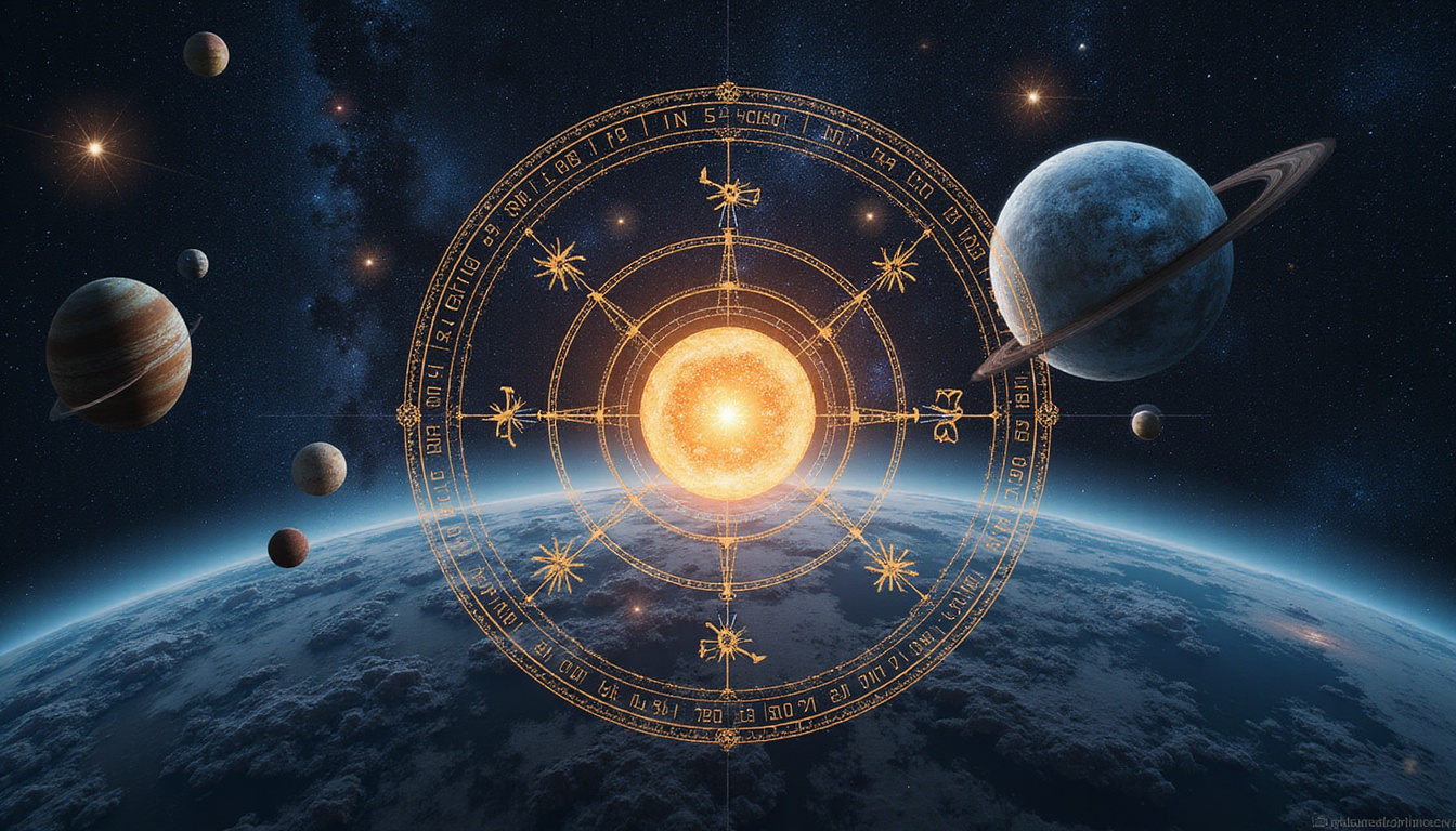 Ancient celestial sphere with planetary alignments, Vedic motifs, luminous zodiac constellations, cosmic depth