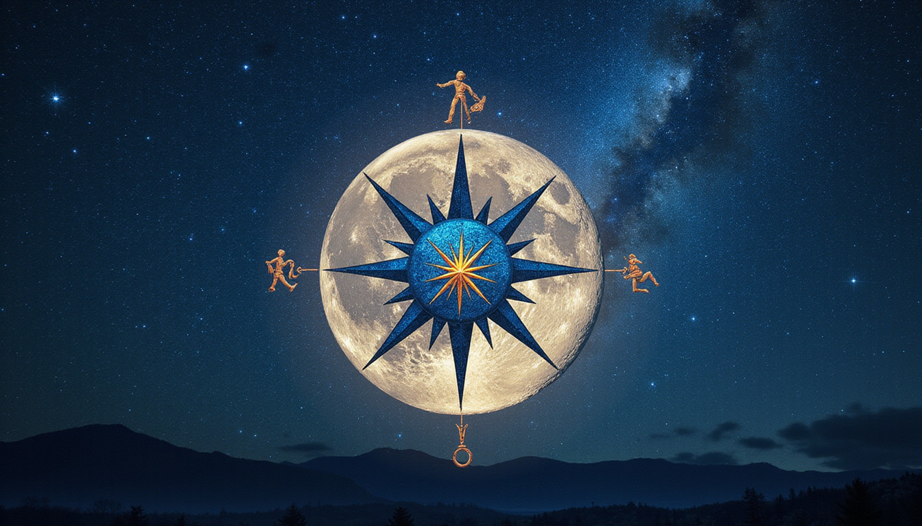 Moonlit compass, zodiac symbols orbiting intertwined hearts, surprising truths revealed in starlight