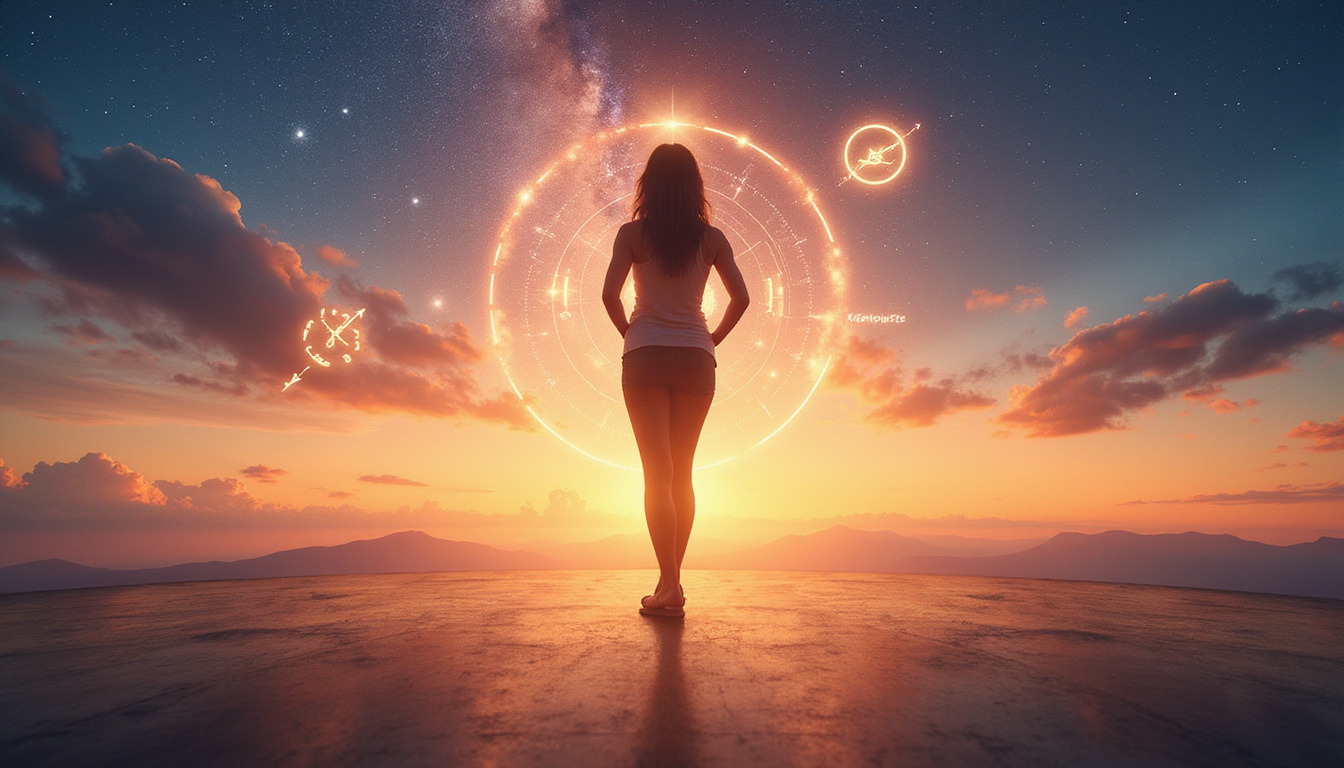 Confident woman standing on starry stage, horoscope symbols orbiting, warm sunrise illuminating skyline