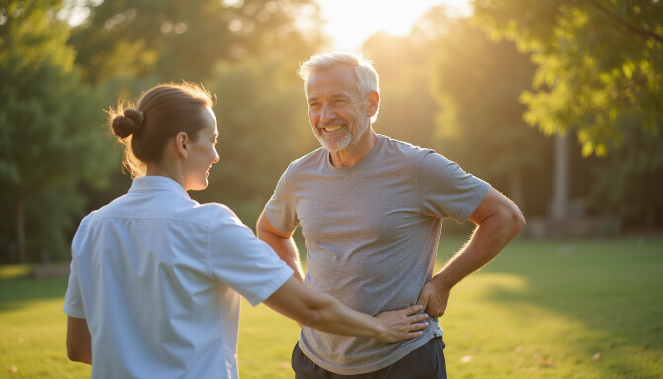  Active middle-aged person doing hip-strengthening exercises outdoors, supportive therapist, healing light, optimistic tone