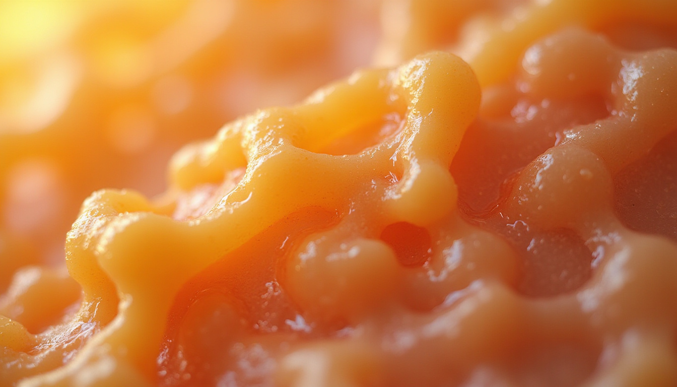  Close-up cetylated fatty acid molecular structure merging with lubricated cartilage, scientific, warm tones