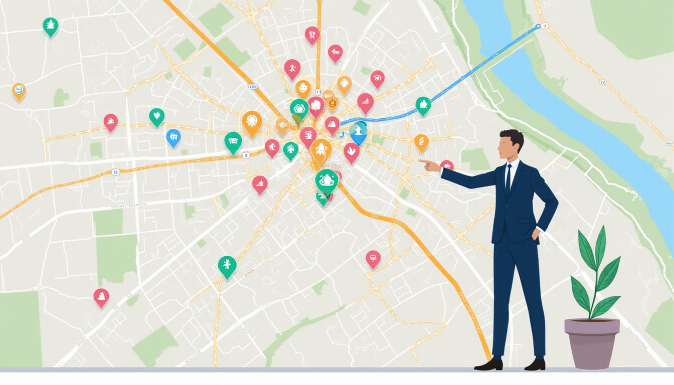  Real estate agent pointing to neighborhood map overlay showing colorful walkability score icons
