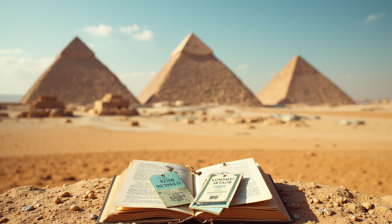 Ancient pyramids backdrop, discount tags and insider travel notes spilling from vintage guidebook