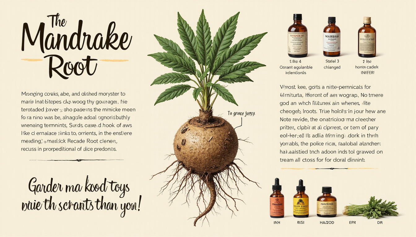  Botanical illustration of mandrake root cross-section, medicinal tinctures, hazard symbols, handwritten garden tips