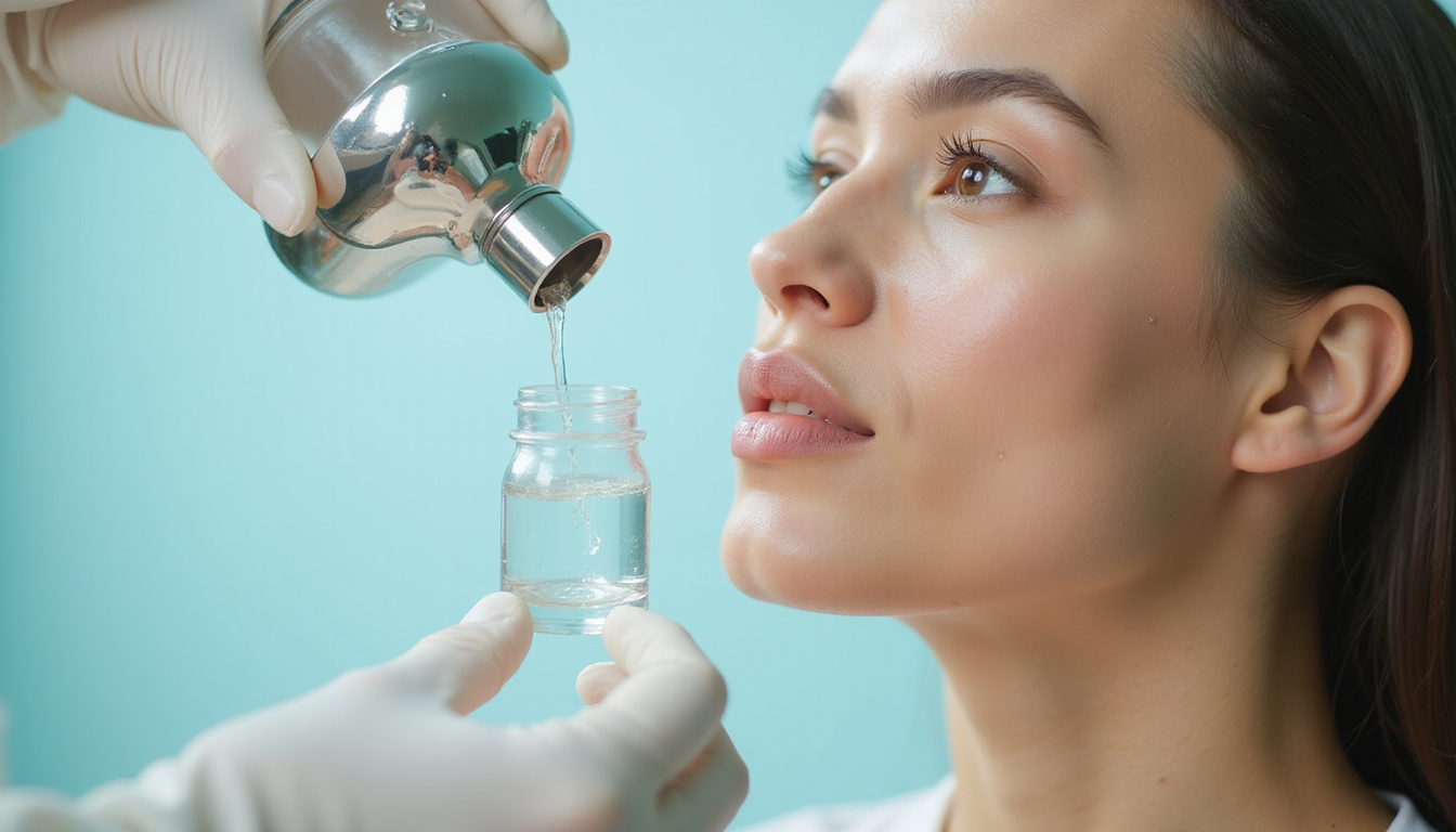 Futuristic botanical lab pouring clear gel onto radiant cheek, plump hydrated skin, soft light