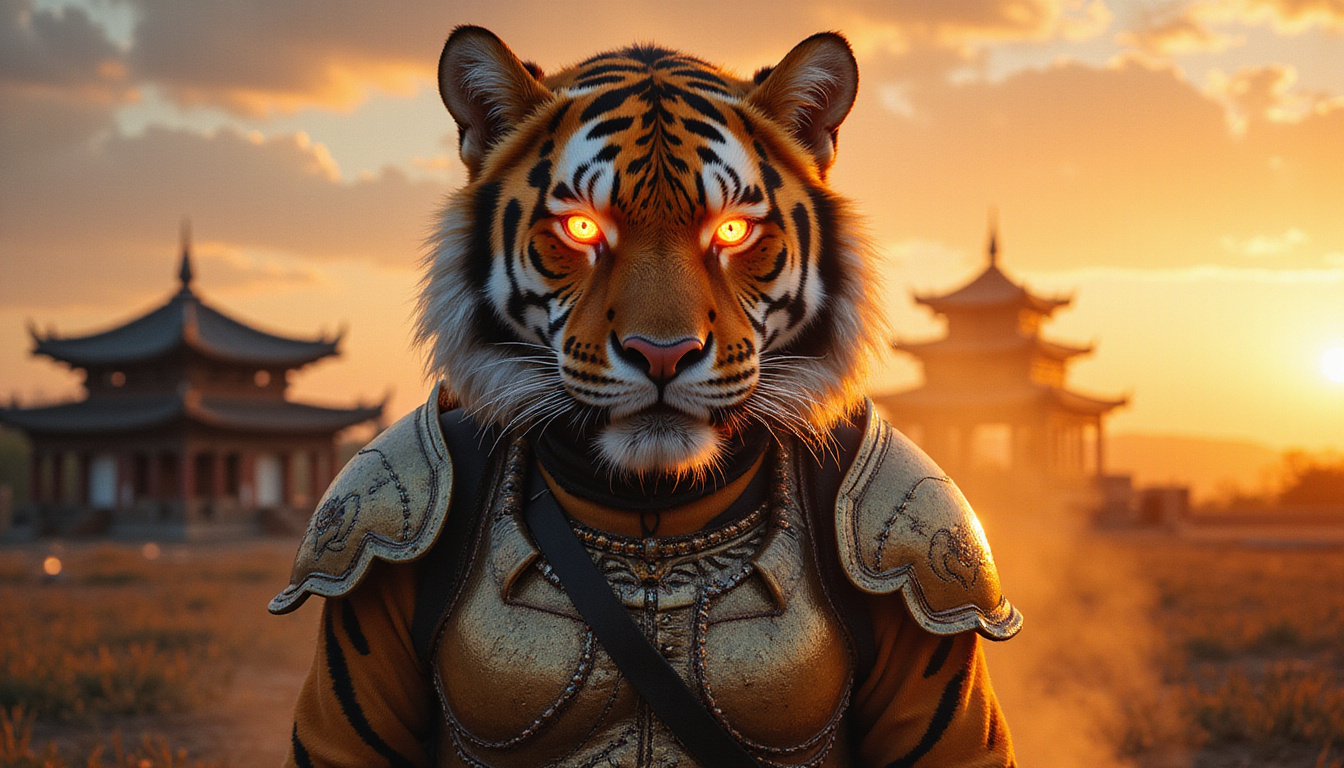  Tiger spirit with blazing eyes, mandala armor, incense smoke, temple silhouette at dusk