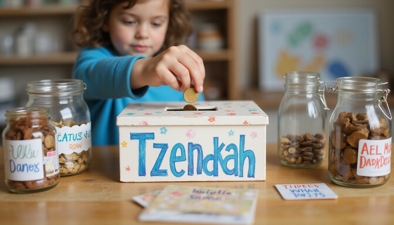  Child dropping coin into painted tzedakah box, labeled jars for causes, sticker chart, cozy home