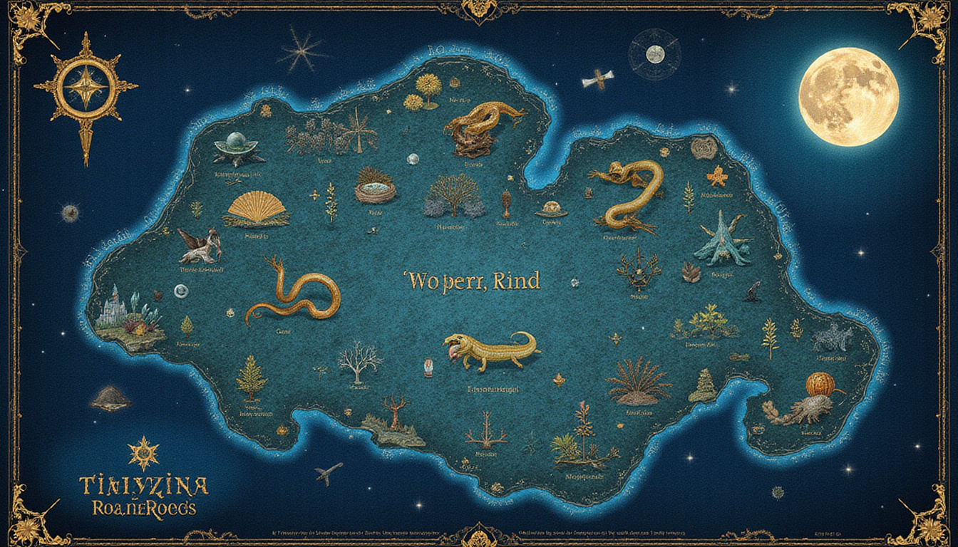  Moonlit map of legendary motifs—serpent, tree, mirror—illuminated by cryptic golden script