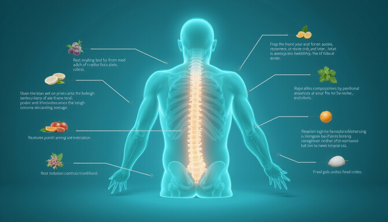 Healing timeline infographic: stages labeled rest, meds, rehab, nutrition, glowing vertebrae, calming teal background