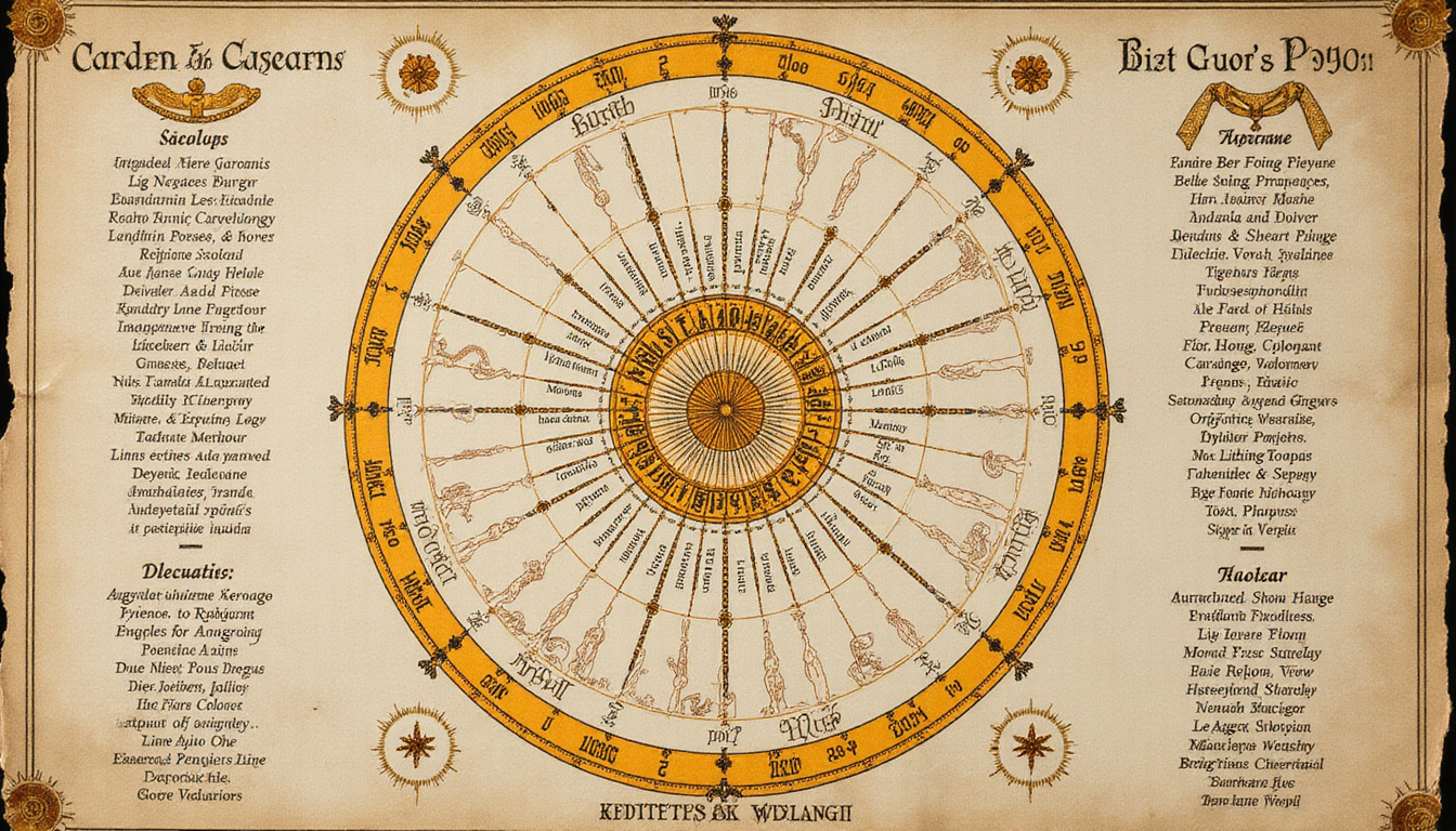Vintage astrology career chart, ornate wheel showing best jobs per sign, golden stars, inked symbols