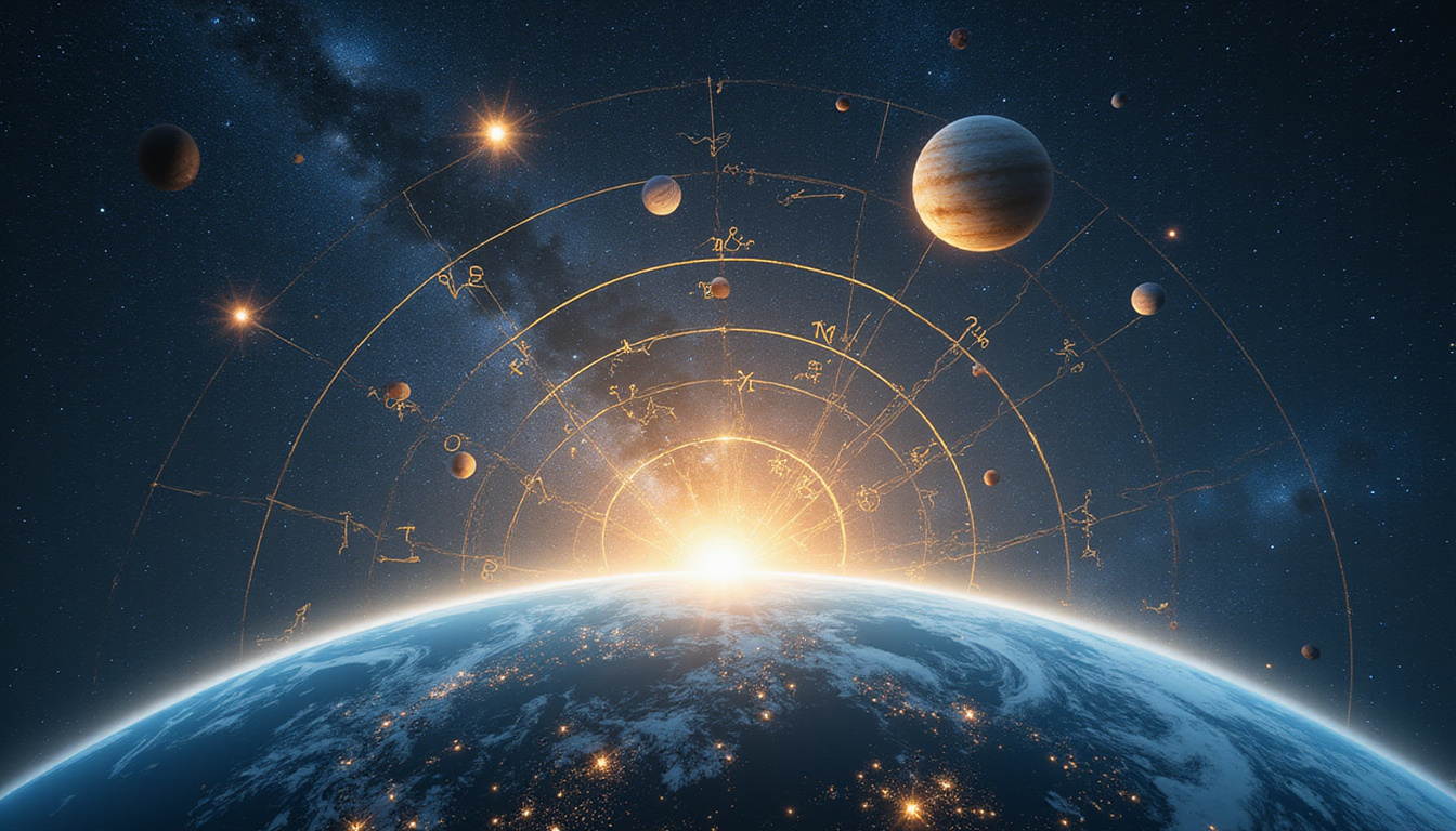 Mystic astrologer studies planetary orbits above globe, revealing illuminated life-path constellations