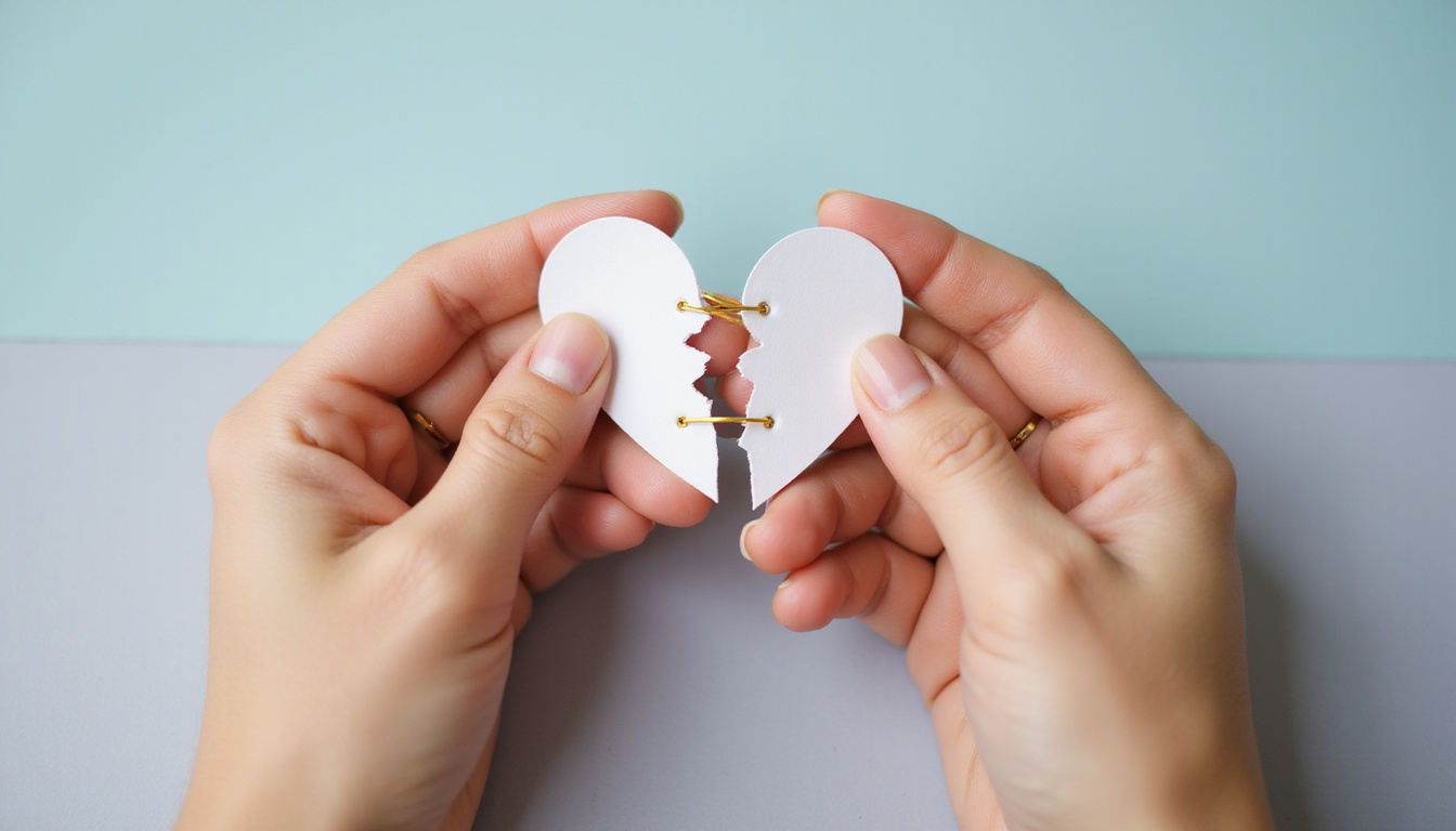 Close-up of two hands piecing torn paper heart together, golden stitches, serene pastel background