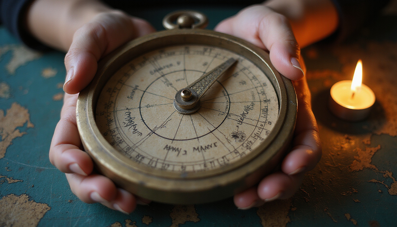 Hands marking auspicious dates, vintage astrolabe, constellations map, warm candlelight, mystical soft-focus