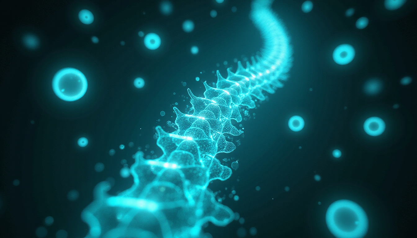 Glowing anatomical spine breaking chains, nine radiant icons orbiting, hopeful blue-green palette
