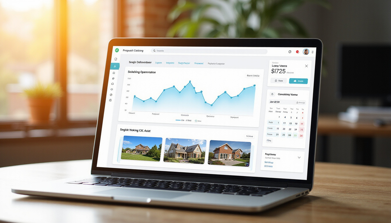 Sleek laptop dashboard showing skyrocketing open-rate graphs, property photos, filled booking calendar, warm light