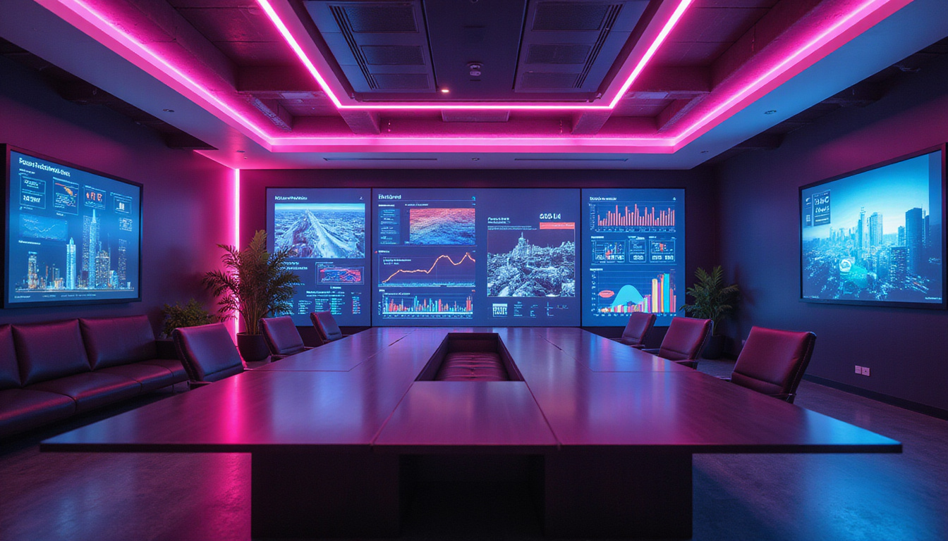 Corporate command center bathed in neon light, holographic ROI analytics, strategic roadmap, architects planning