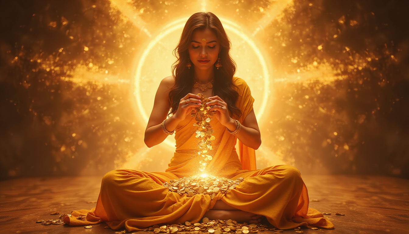 Modern woman receiving blessing, hands of Lakshmi showering coins, transformative golden aura, radiant mandala background