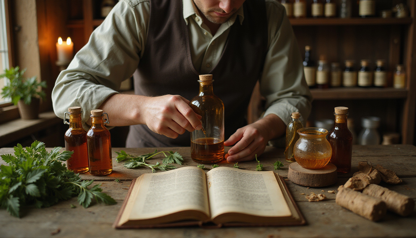  Ancient apothecary scene: herbalist mixing angelica tincture, aged manuscripts, amber bottles, warm candlelight
