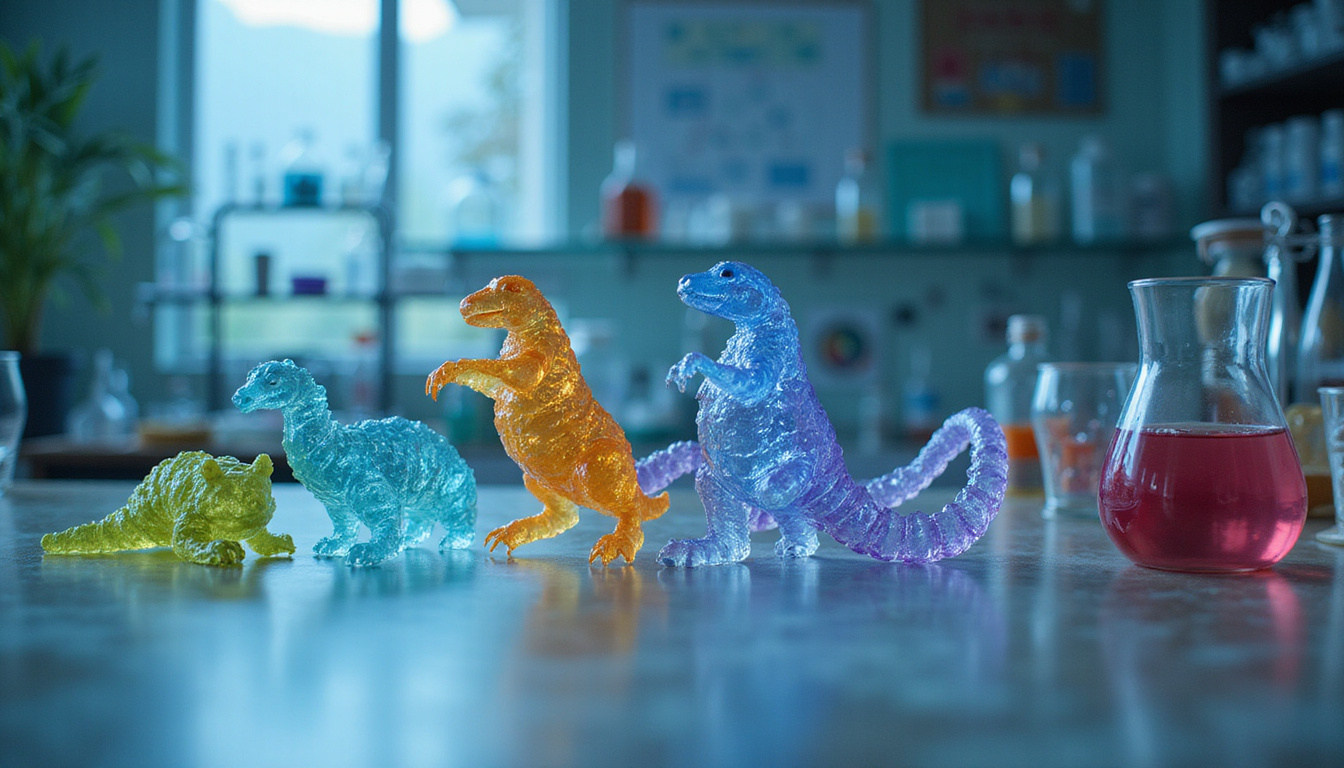 Laboratory scene with DNA strands morphing into animal forms, glassware, scientific diagrams, soft light