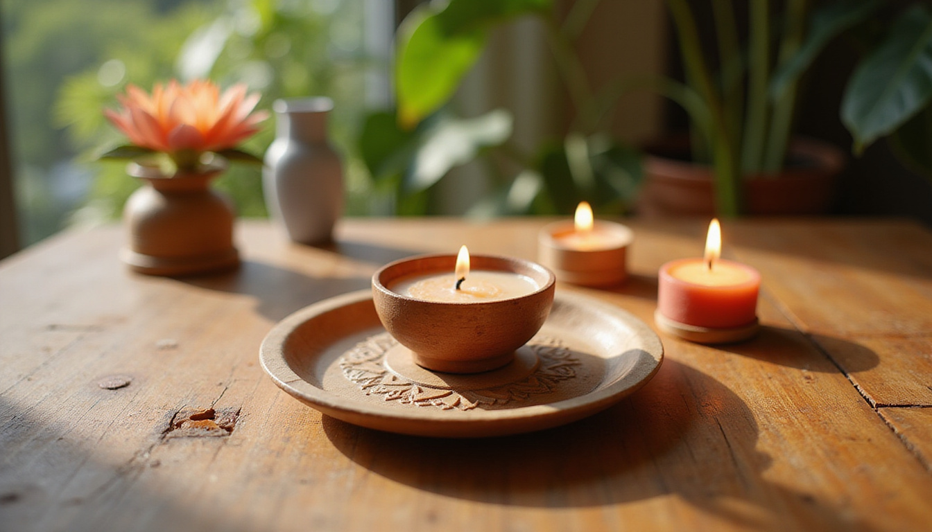  Minimalist wooden altar setup, engraved thali, lotus candle, soft morning light