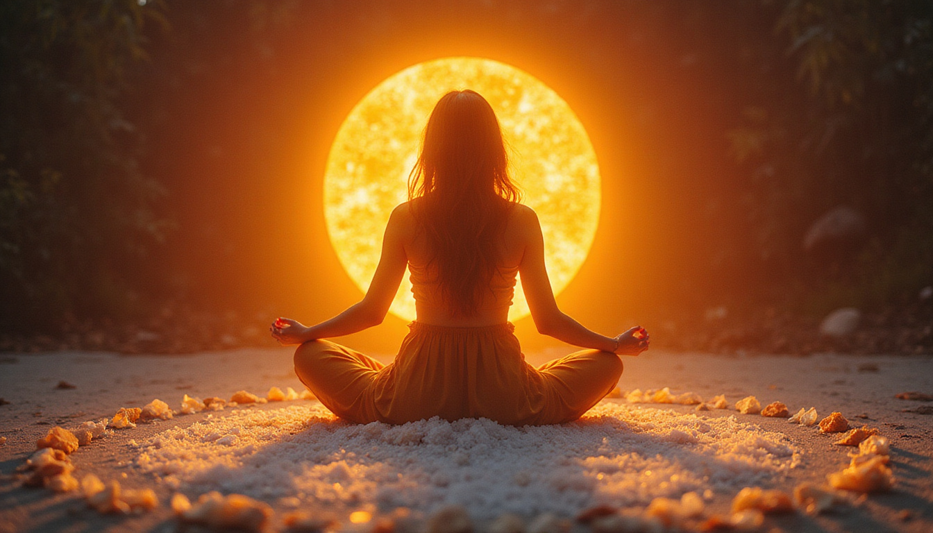  Serene facilitator guiding ritual above protective crystal and salt circle, warm amber light, calming aura