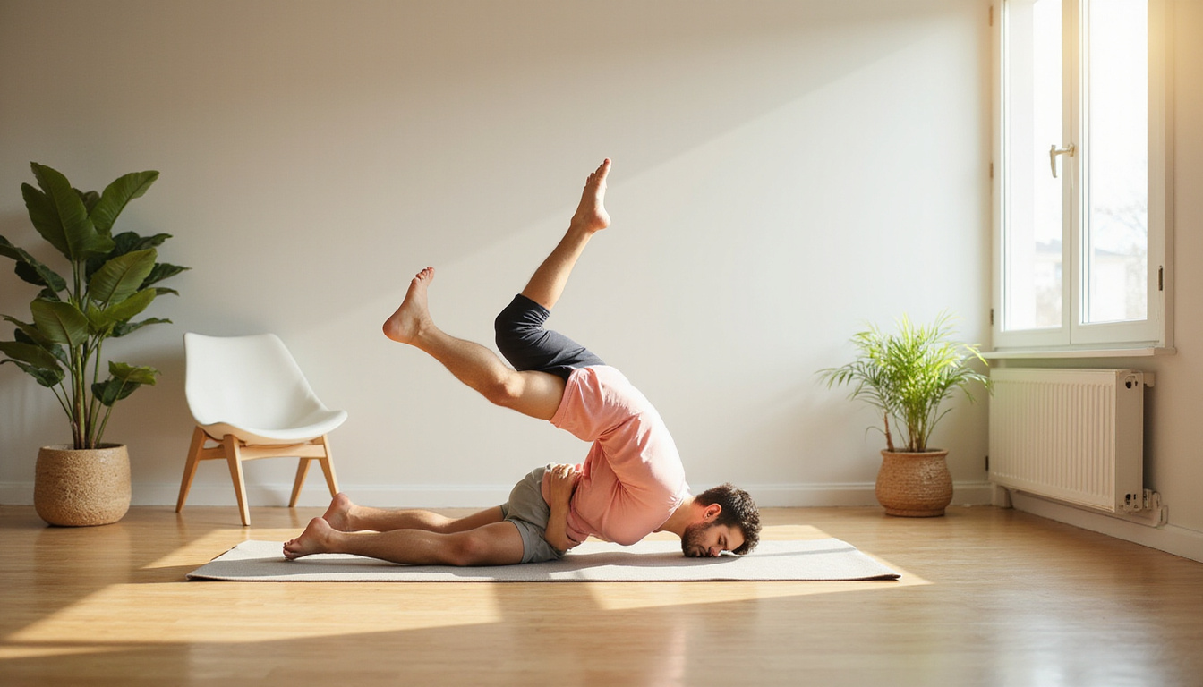 Minimalist wellness studio, man performing bird-dog stretch, spine highlighted, soft natural light, calming colors