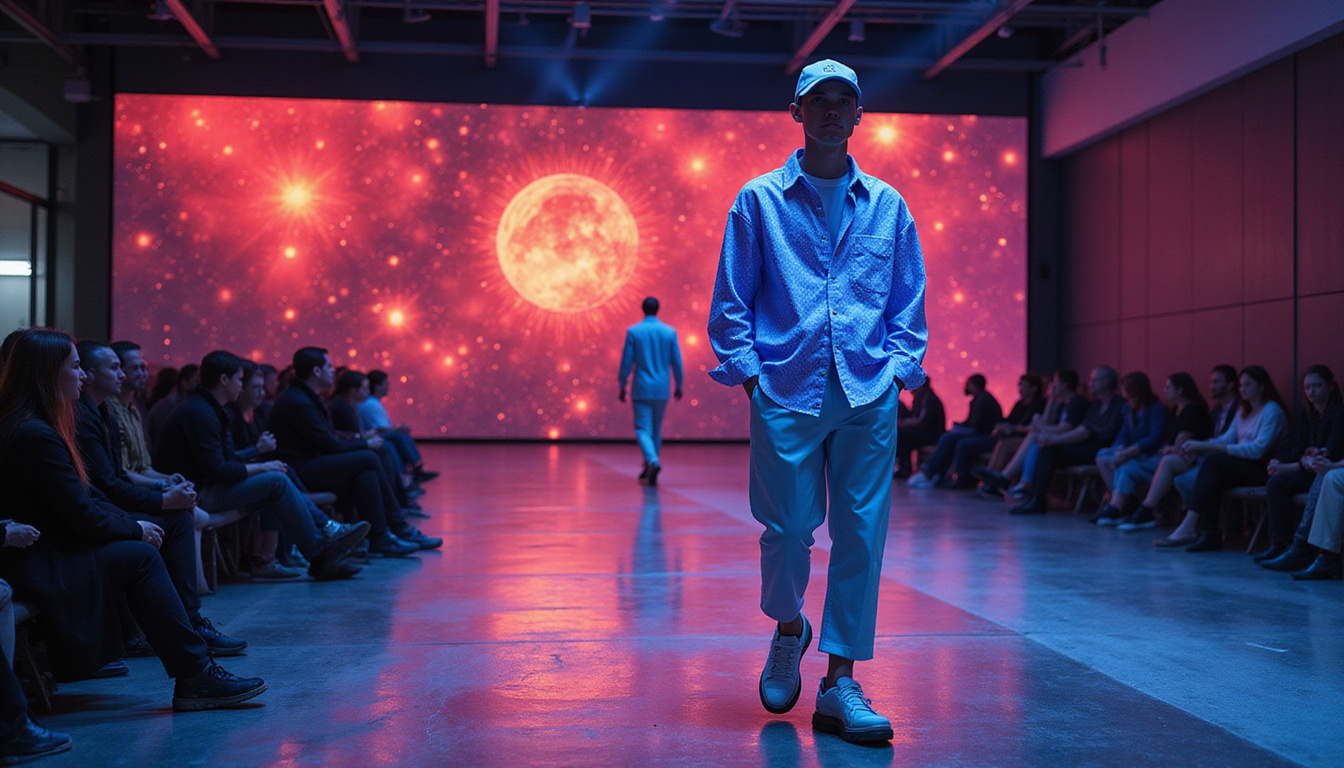 Male model wearing magnetic hues, astrological symbols projected, urban runway at twilight