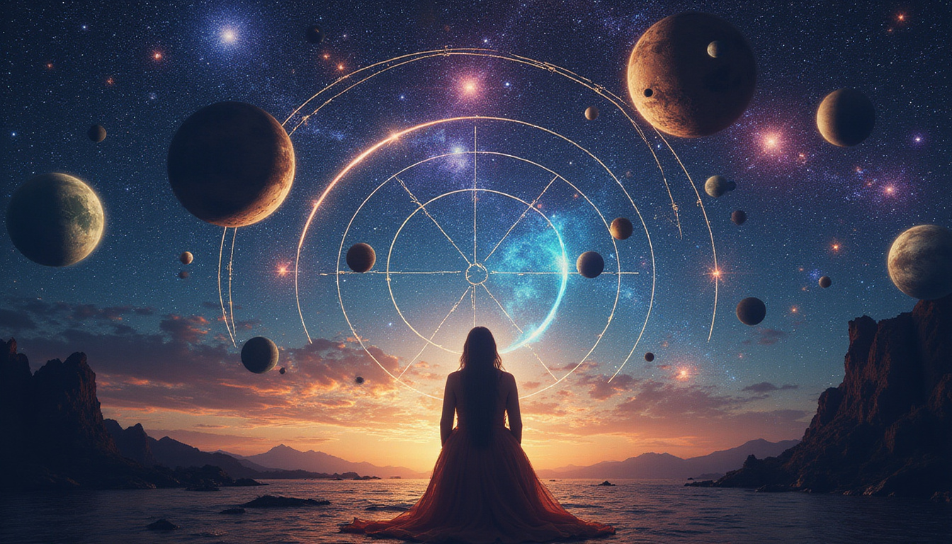 Mystical astrologer mapping destinies, planets orbiting a human silhouette, luminous symbols