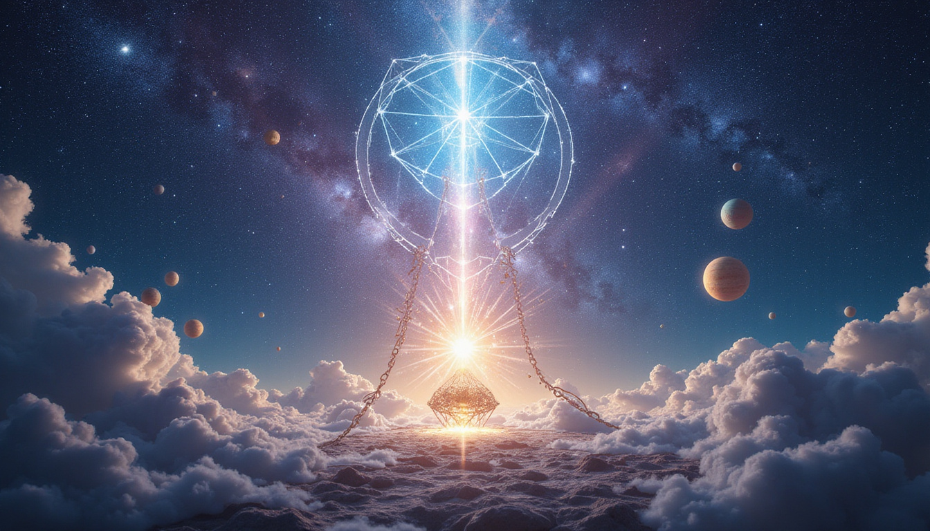 Mystic ritual neutralizing malefic planets: geometric light beam breaking shadowy chains across cosmic sky