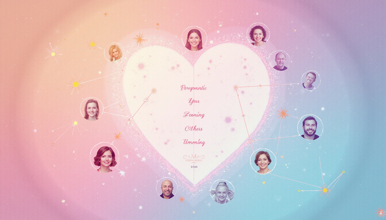 Romantic personality match map, cosmic constellations, smiling archetype portraits, pastel gradient background