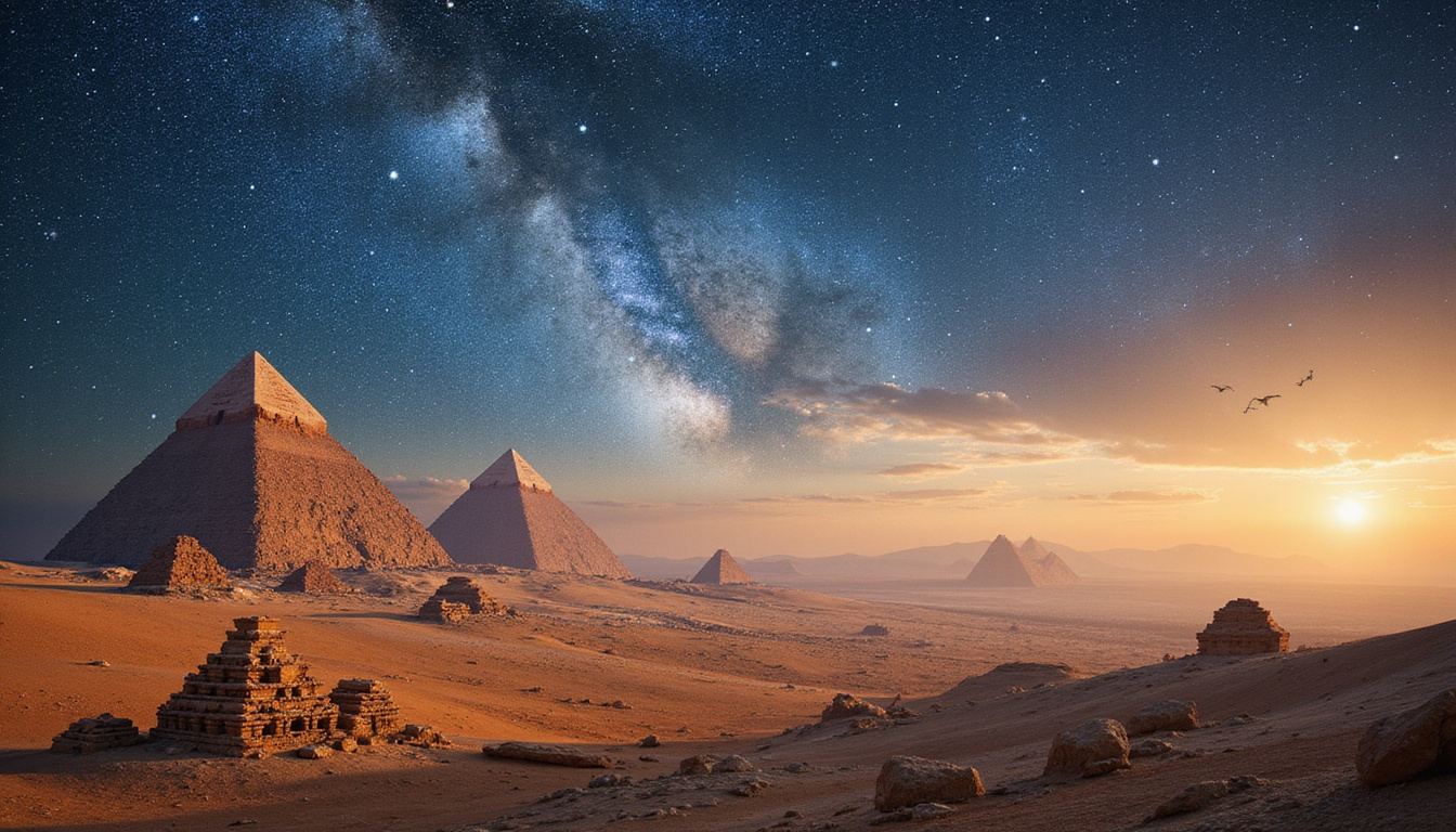  Panoramic scene of civilizations aligning pyramids and temples to stars, mythic celestial tapestry
