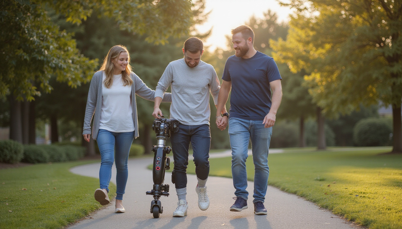 Spinal injury patient taking first steps with robotic leg exosuit, sensors glowing, family cheering outdoors