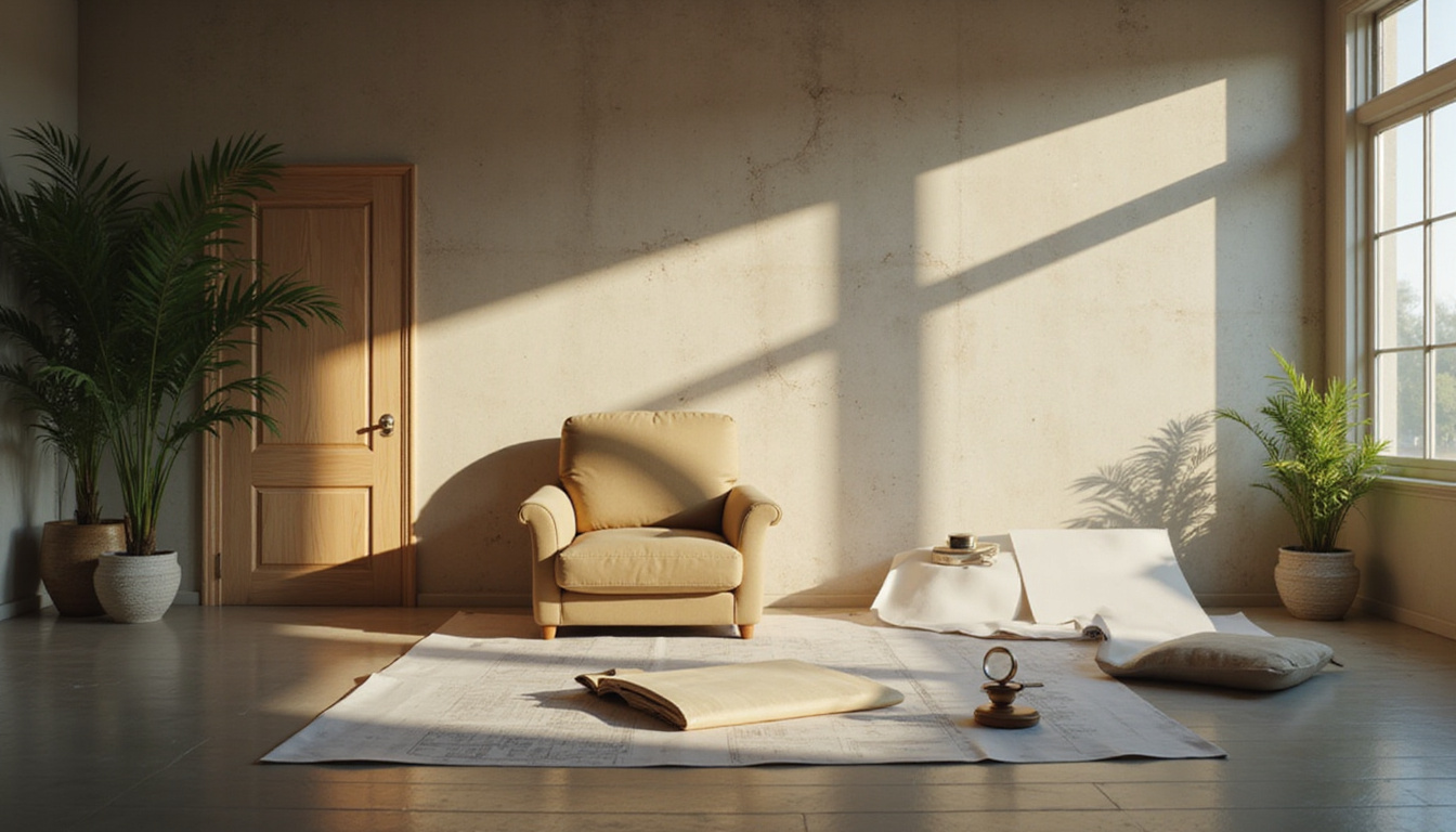 Interior renovation montage in Helwan flat, blueprints, magnifying glass, hidden value, warm cinematic light