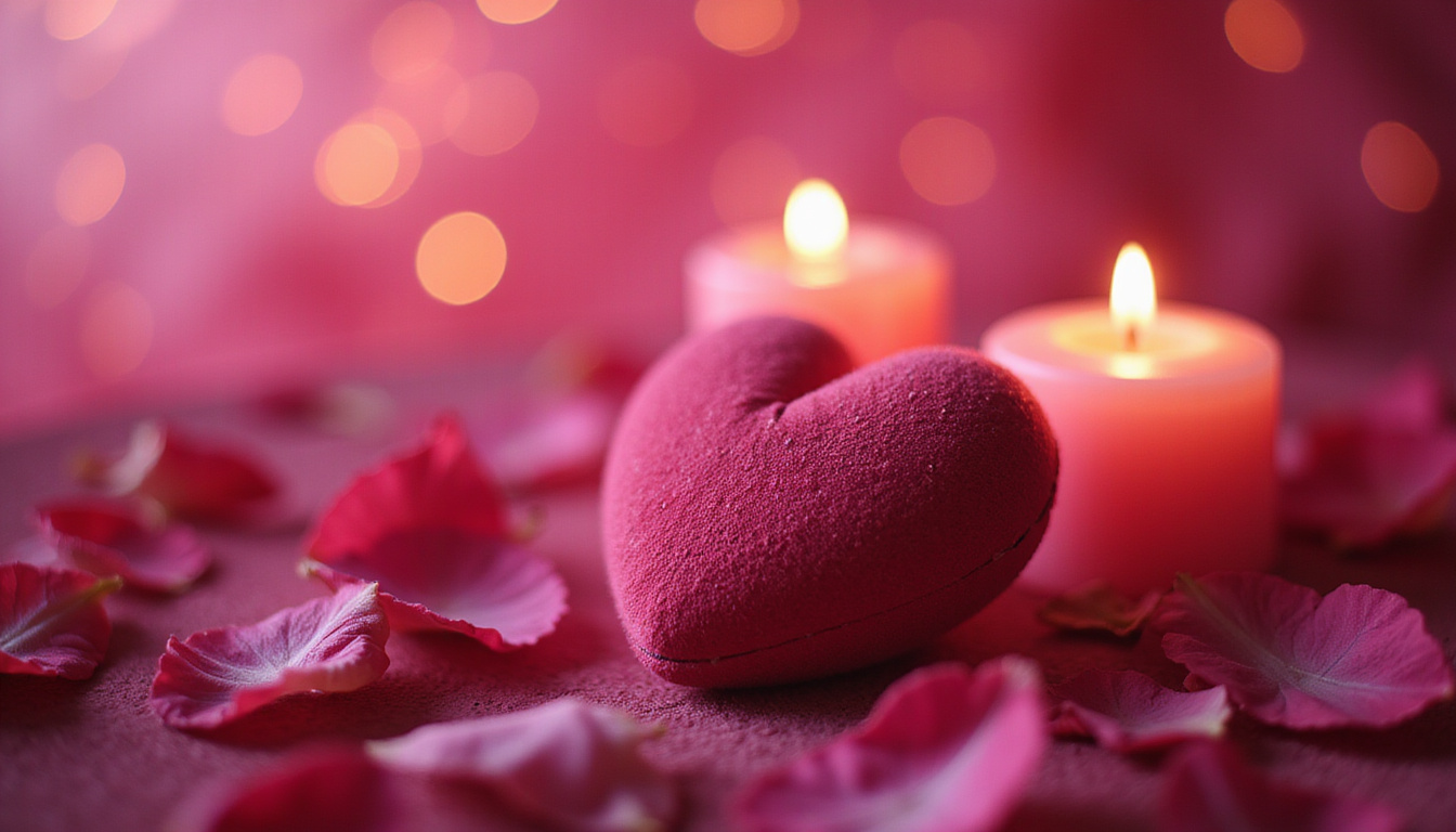  Heart-shaped charm on velvet, rose petals, pink candles, soft bokeh, romantic ethereal glow, cinematic