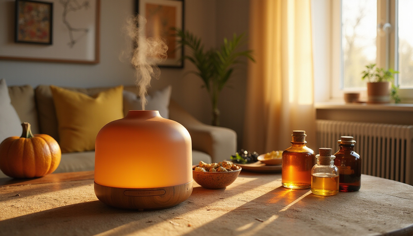  Cozy living room with sandalwood diffuser, warm amber glow, wooden textures, herbal apothecary jars, sunlight