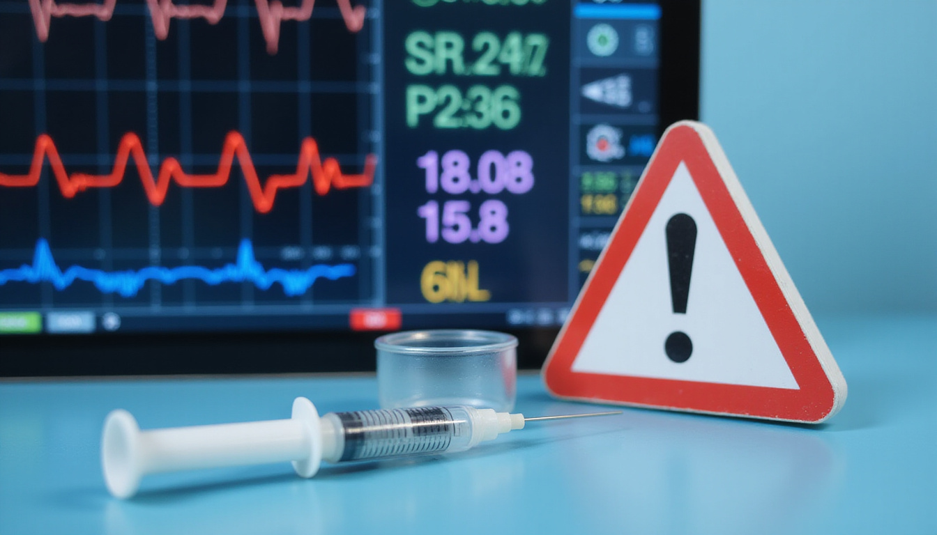  Close-up of vital signs monitor, discarded syringe in sharps container, red warning icon