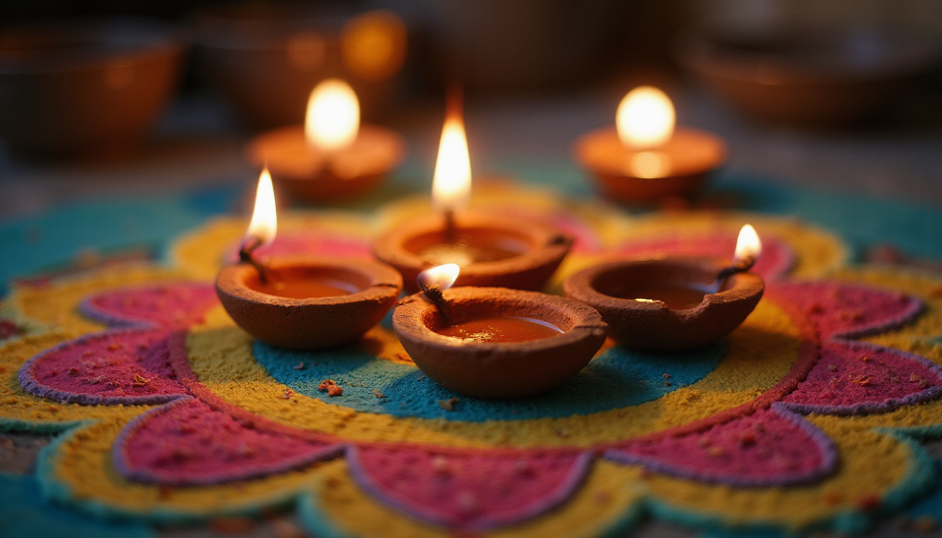 Close-up of clay diya arrangement on rangoli, glowing embers, delicate shadows, serene evening ambiance