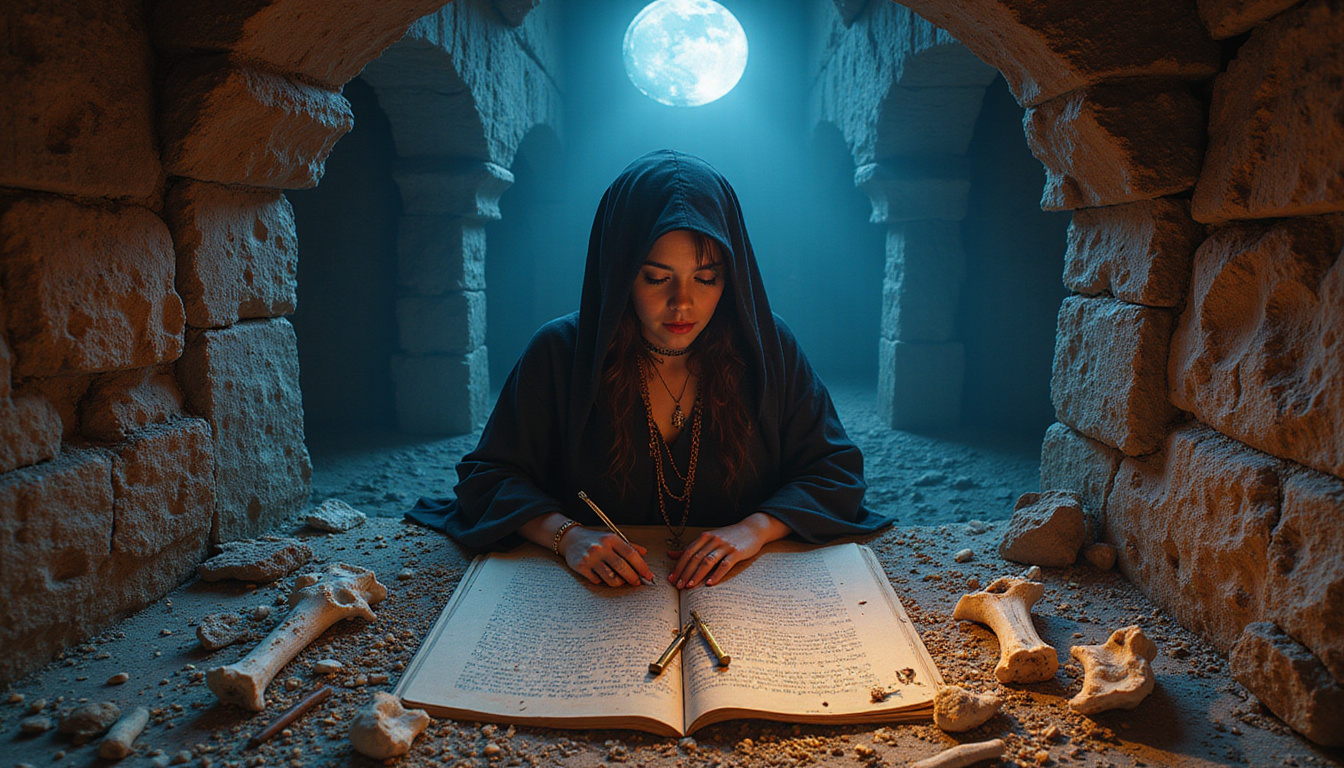  Mysterious ritual scene: priestess whispering over inked papyrus, bones, iron nails, moonlit crypt