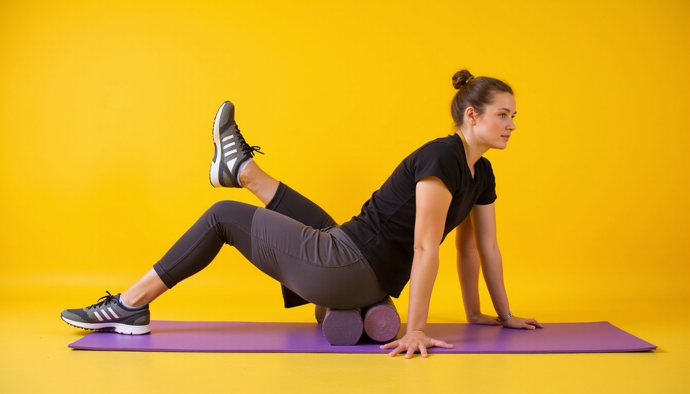  Physiotherapist demonstrating gentle core, glute bridges, foam-roller release, supportive shoes