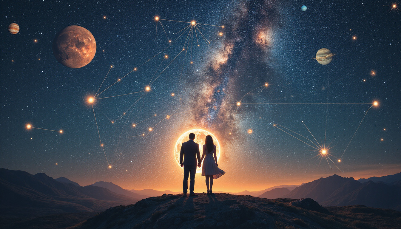  Constellation couple entwined by planetary threads, cosmic map illustrating relationship patterns and secrets