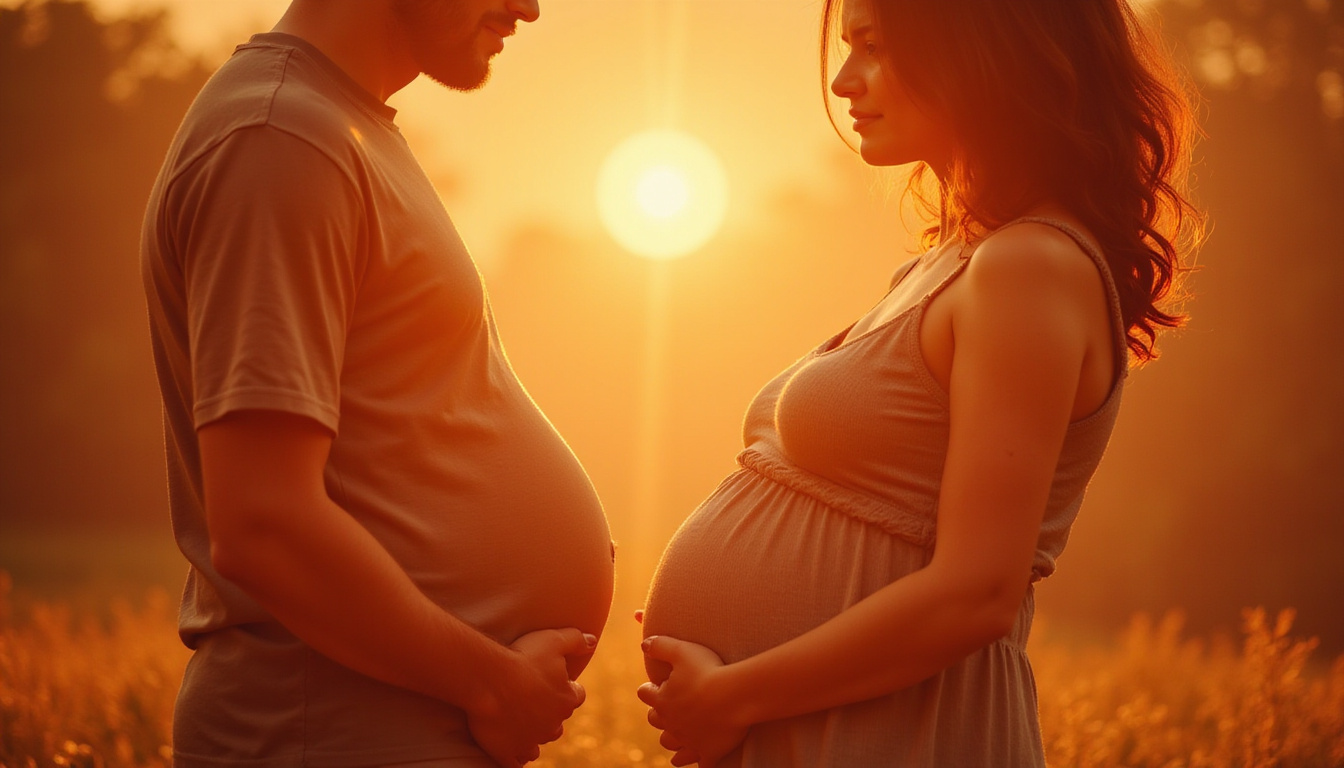 Warm prenatal scene, expectant parents holding belly under celestial alignment, soft golden light