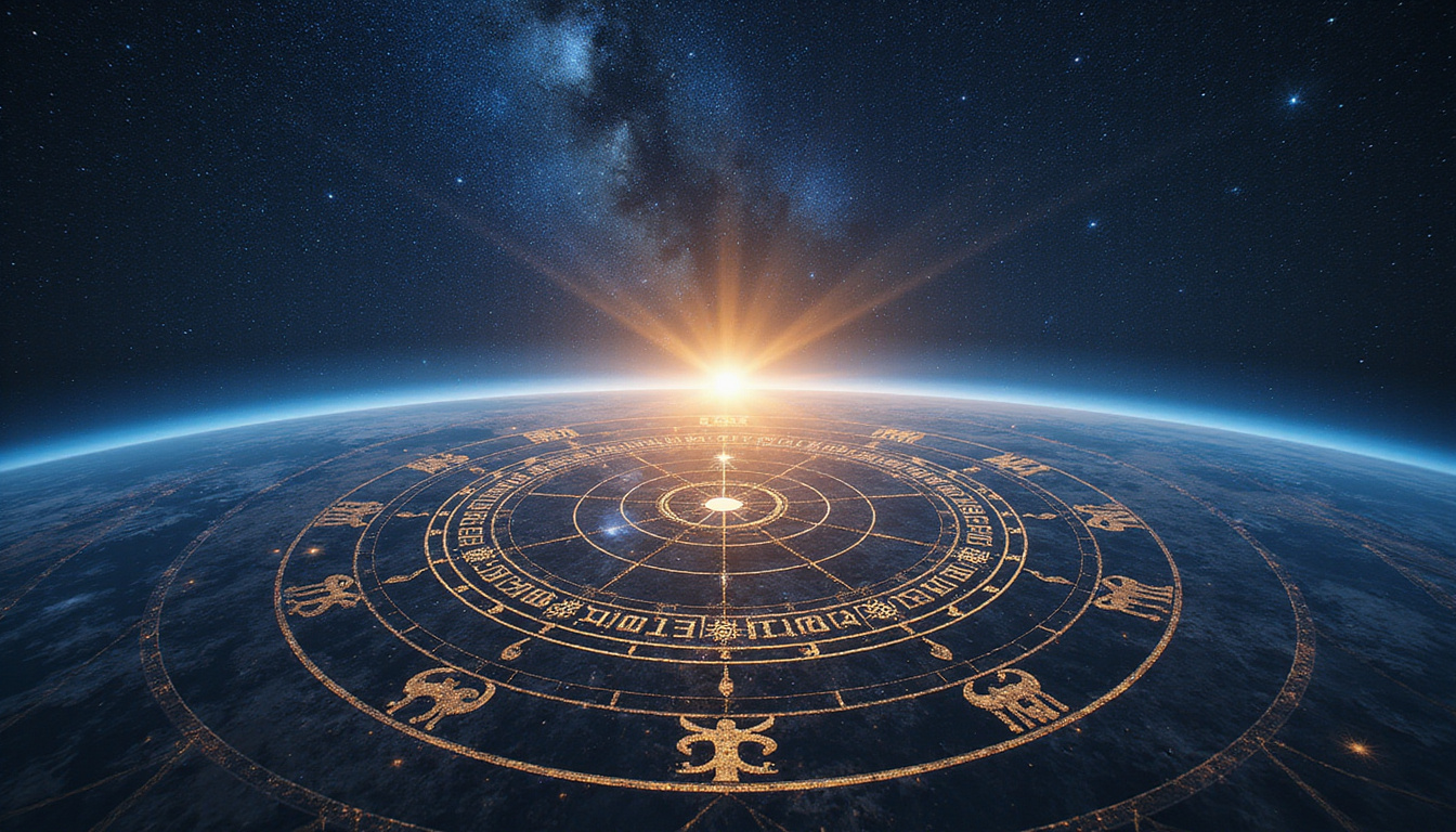  Ancient astrology chart illuminated by starfields, glyphs glowing, guiding path pointing to horizon