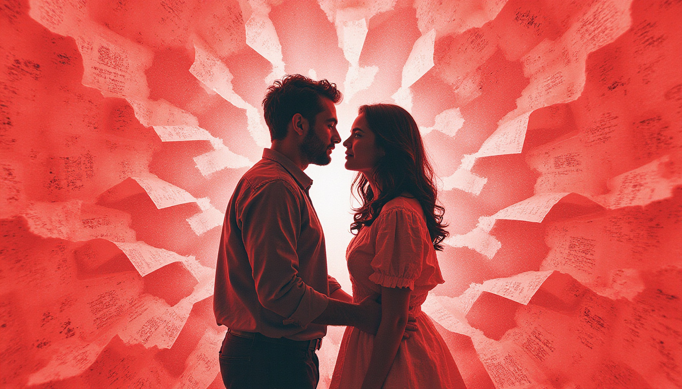 Split image: romantic couple and jagged cracks, calendar pages fluttering, warning red hues