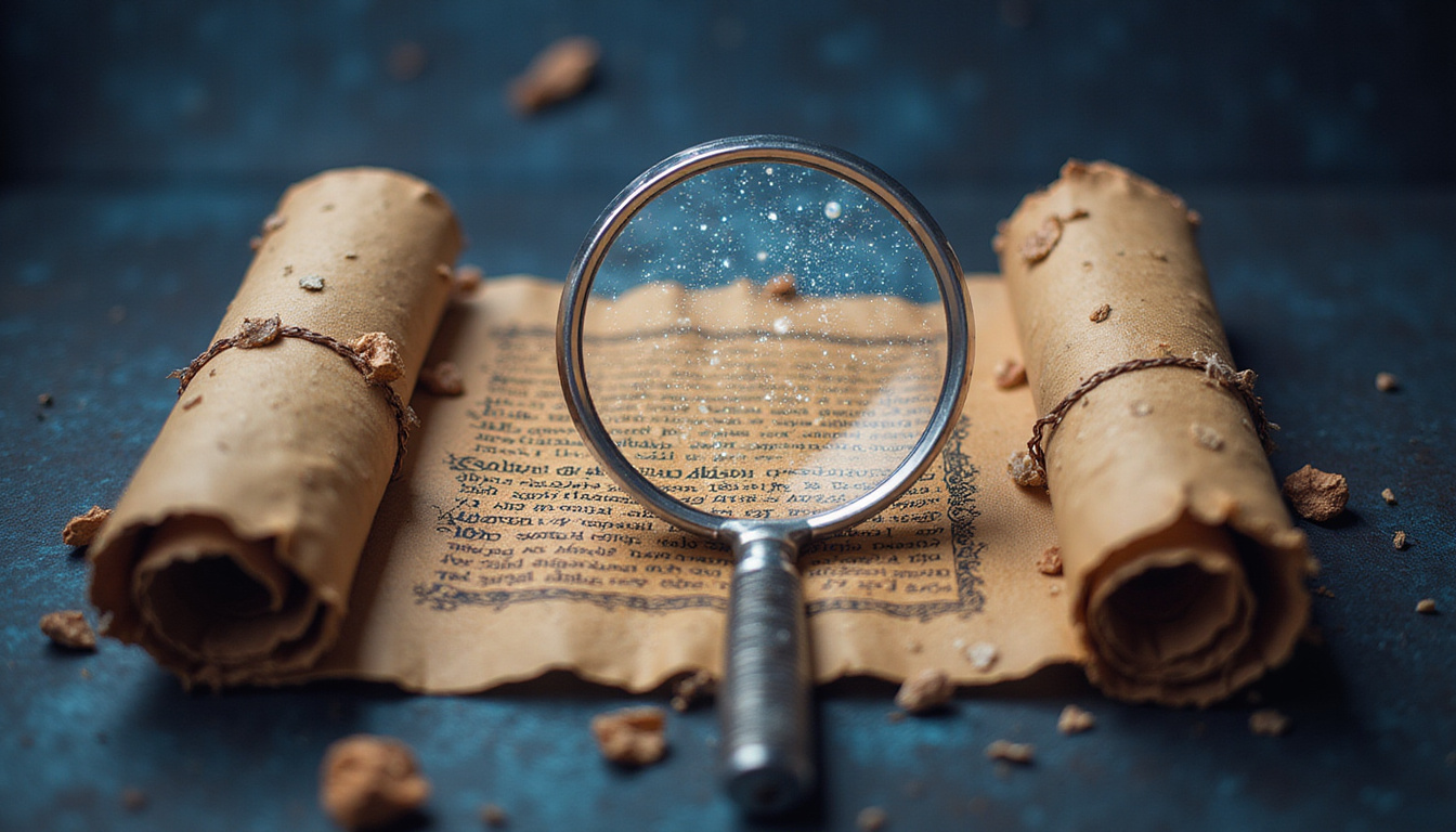 Ancient scroll of secrets decorated with constellations, magnifying glass revealing viral SEO keywords