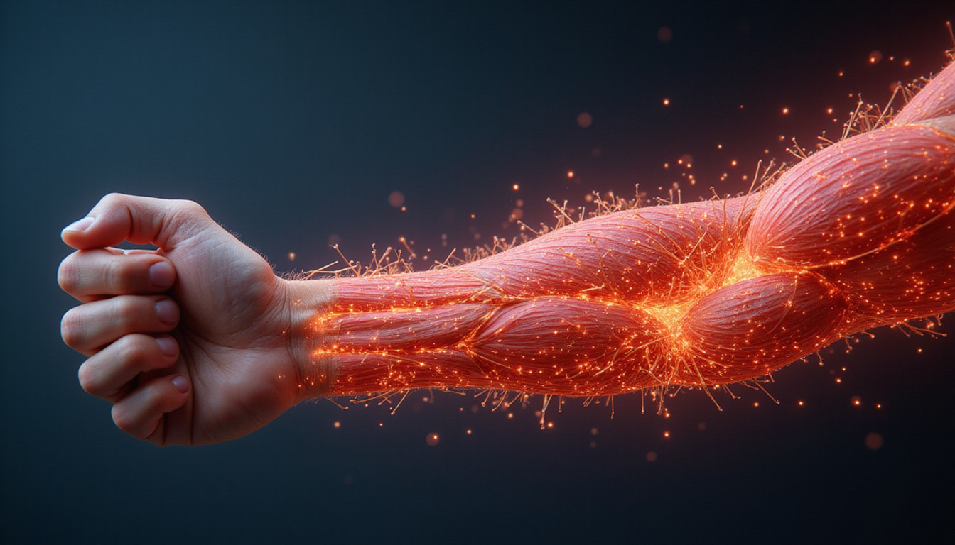  Close-up of thin dry needling needles in forearm muscles, glowing relief, motion blur indicating speed