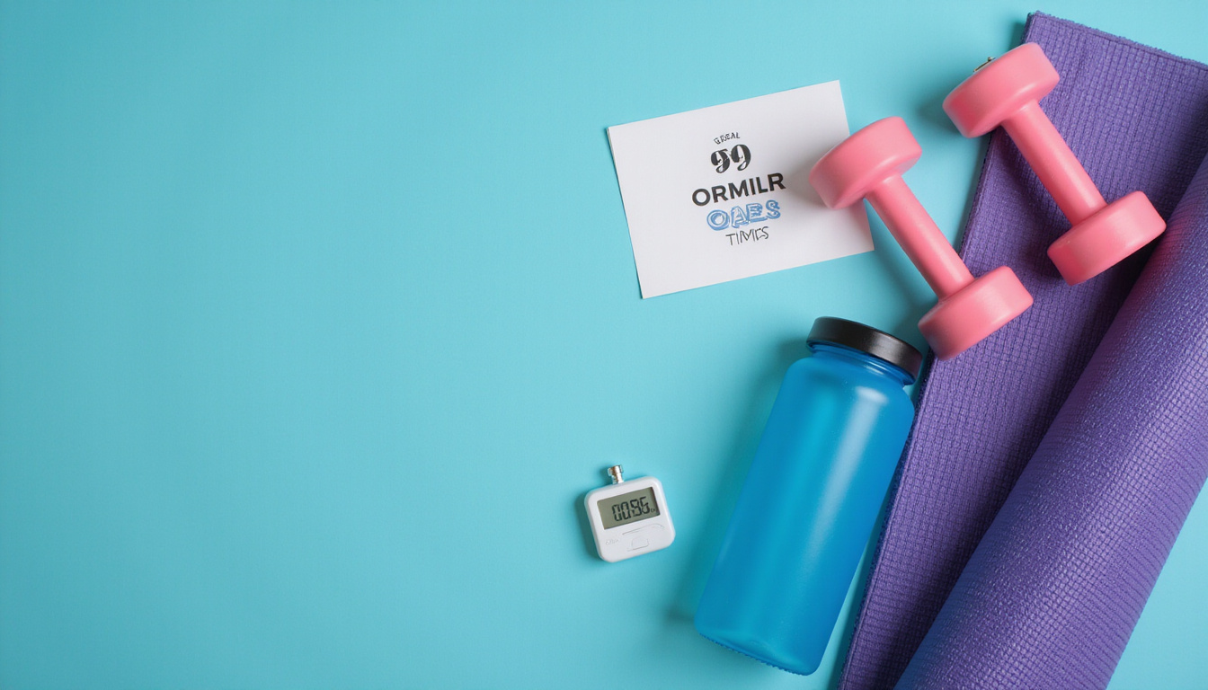 Flat lay of yoga mat dumbbells water bottle smartphone timer set twenty minutes motivational postcard