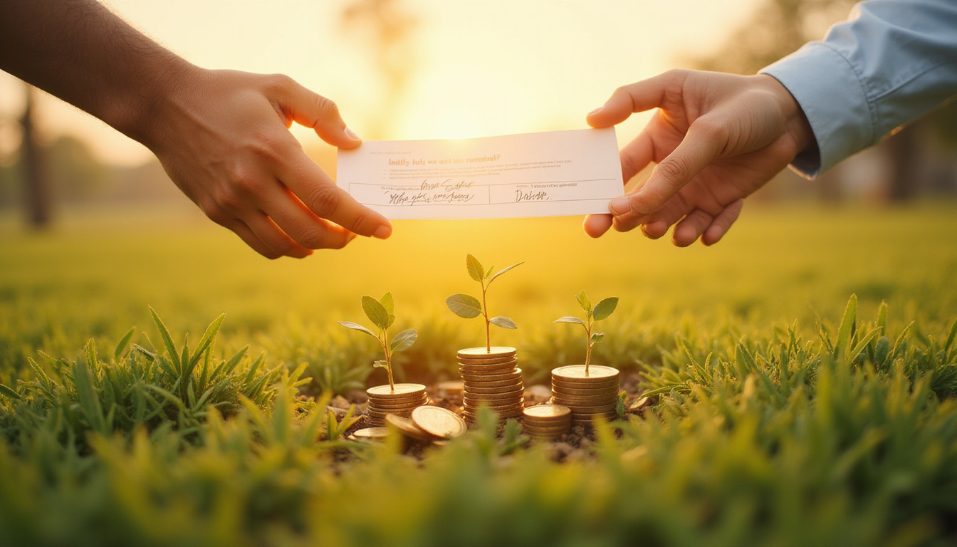  Hands exchanging deed over rolling fields, coins sprouting like plants, sunrise of opportunity