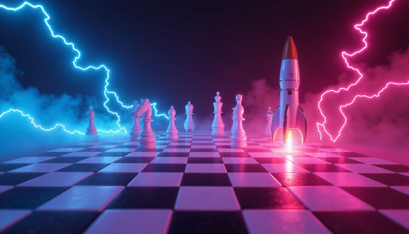 Rocket-shaped chess pieces surging across neon market board, lightning, unstoppable momentum, bold typography