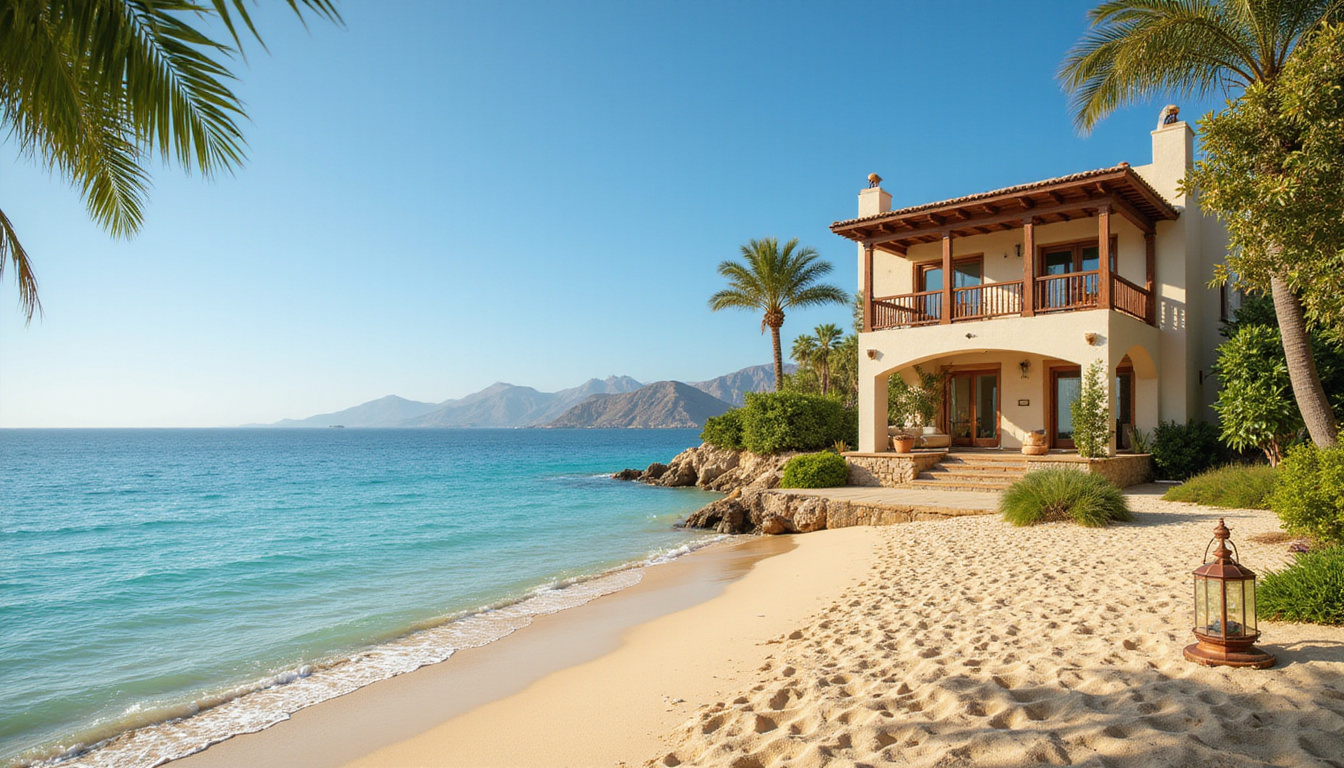 Seaside private villa on Sinai isle, golden sands, turquoise water, traditional lanterns, serene