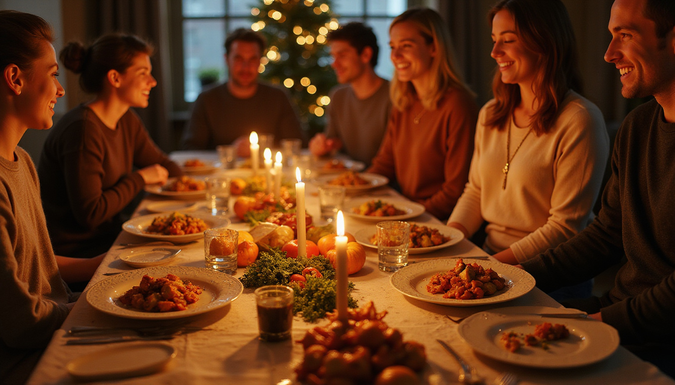 Warm candlelit harvest feast, guests smiling, plated easy recipes, golden roasted vegetables